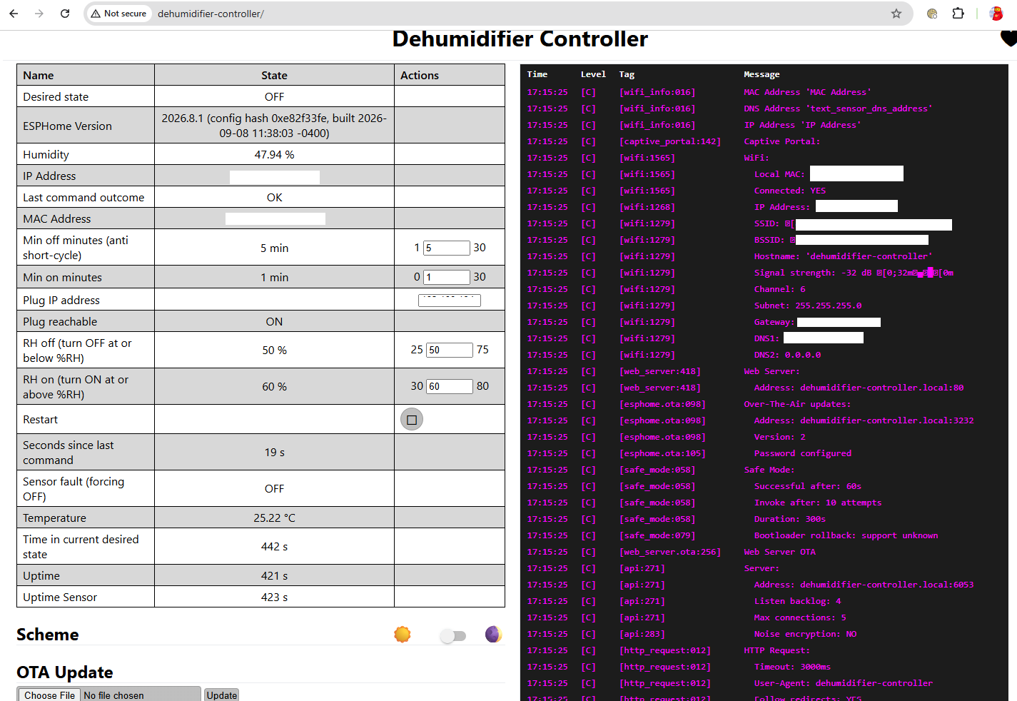 Dehumidifier Controller web UI, showing the deadband setpoints, live humidity reading, and plug IP field