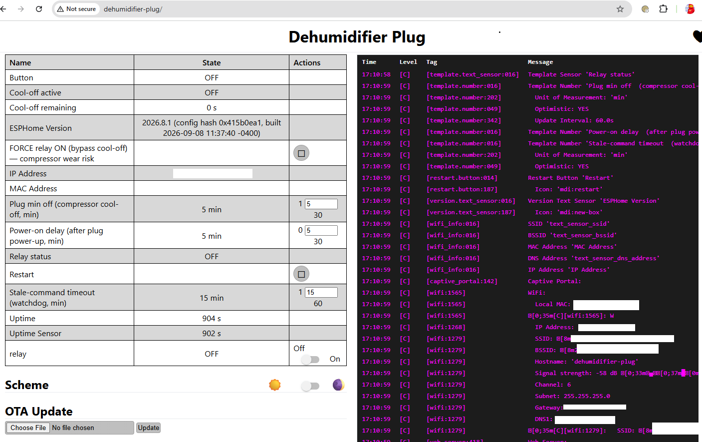 Dehumidifier Plug web UI, showing the cool-off, power-on delay, and stale-command watchdog fields