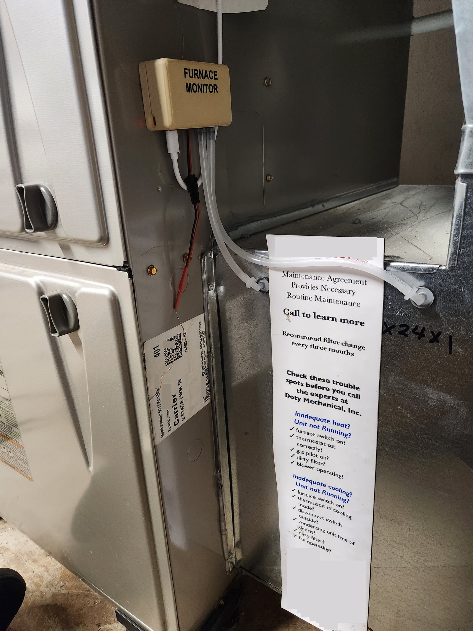 Furnace Monitor box mounted in the cabinet, next to the 16x24x1 filter slot it&rsquo;s monitoring