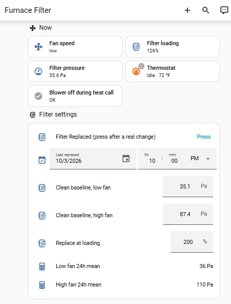 Furnace dashboard&rsquo;s &ldquo;Now&rdquo; card: live fan speed, pressure, filter loading, thermostat state, and the blower-off safety check