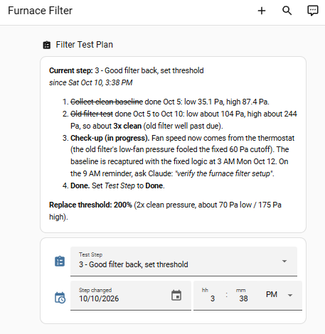 Furnace dashboard&rsquo;s live test-plan card, showing the steps completed so far and the current step