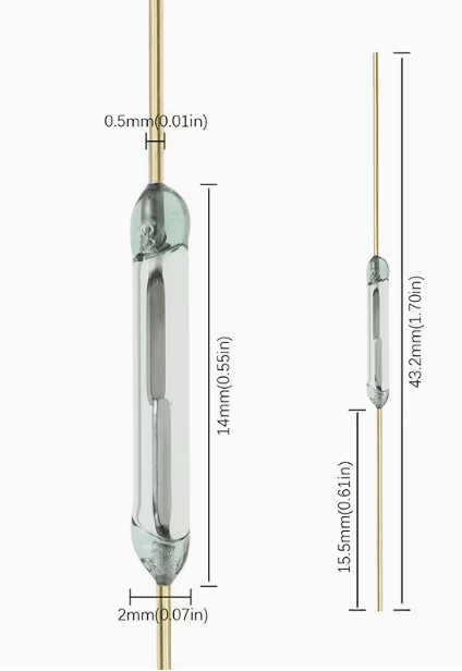 Miniature glass reed switch, the kind originally used in door/window contact sensors